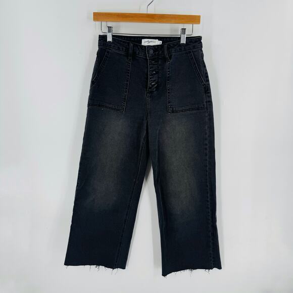 Carly Jean Los Angeles Wide Cropped Black Jeans High Rise Raw Hem Size 3 (27) - Picture 1 of 9